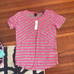 J. Crew diagonal pink and gray stripped tee.